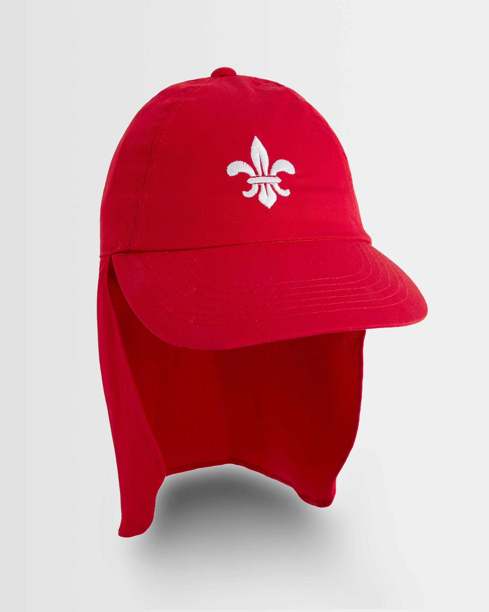 Red cap with a white fleur-de-lis logo on a light grey background