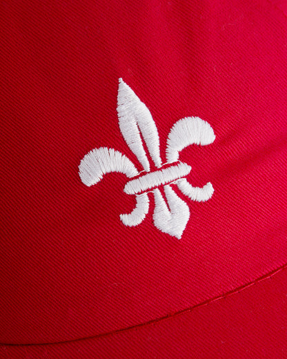 White fleur-de-lis logo on a red cap