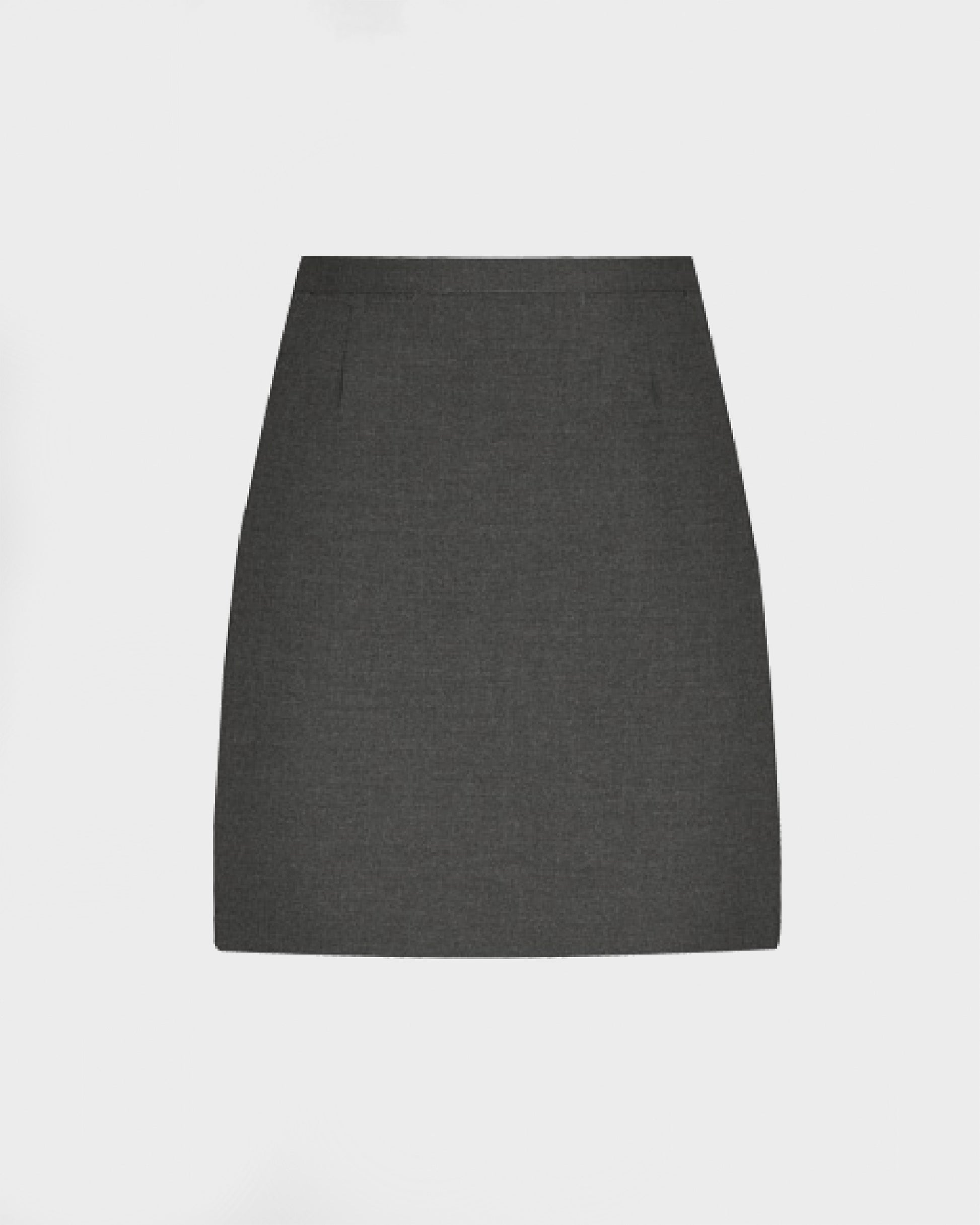 A grey straight skirt with two front fob pockets and a concealed back zip fastening.