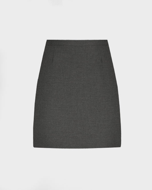 A grey straight skirt with two front fob pockets and a concealed back zip fastening.