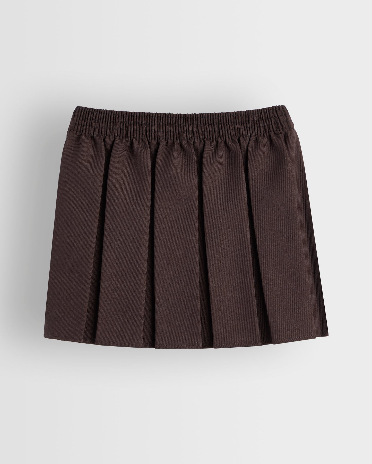 A box pleated brown skirt with an elastic waistband, displayed against a plain background.