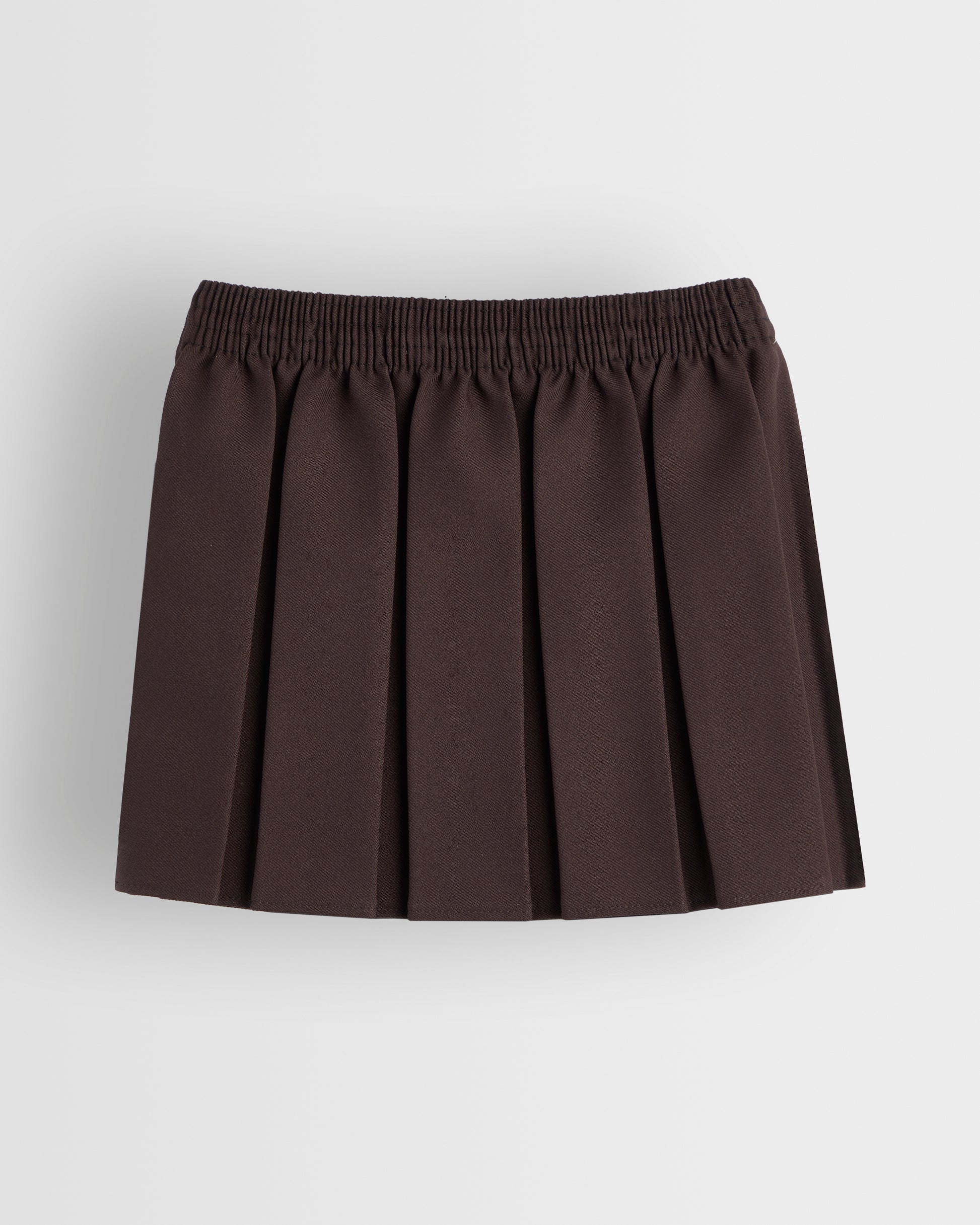 A box pleated brown skirt with an elastic waistband, displayed against a plain background.