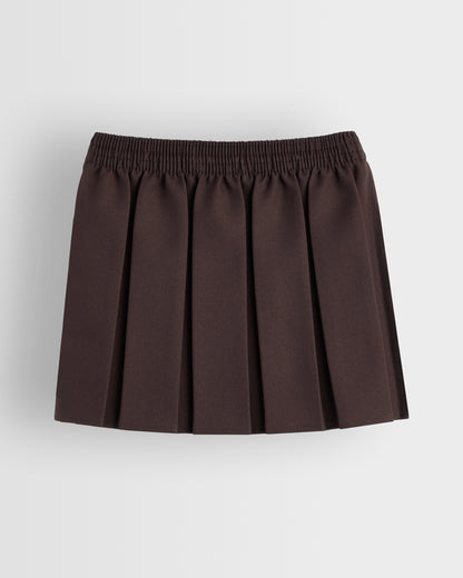 A box pleated brown skirt with an elastic waistband, displayed against a plain background.
