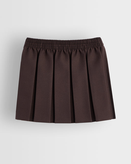 A box pleated brown skirt with an elastic waistband, displayed against a plain background.