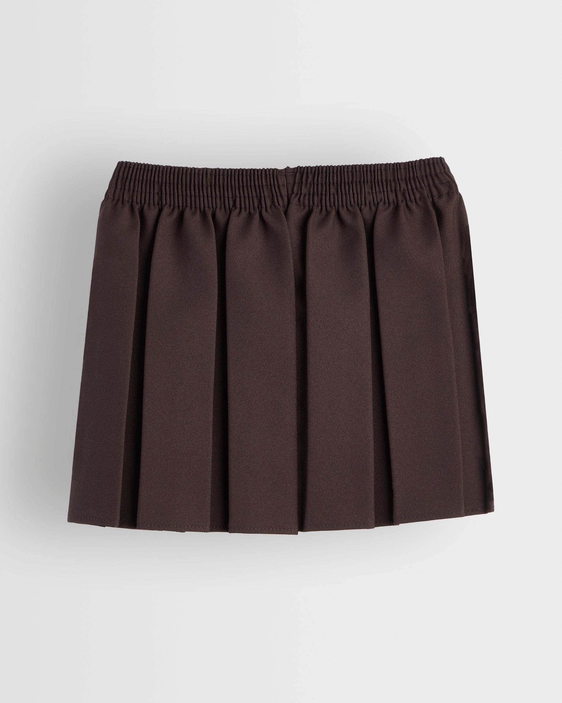 A box pleated grey skirt with an elastic waistband, displayed against a plain background.