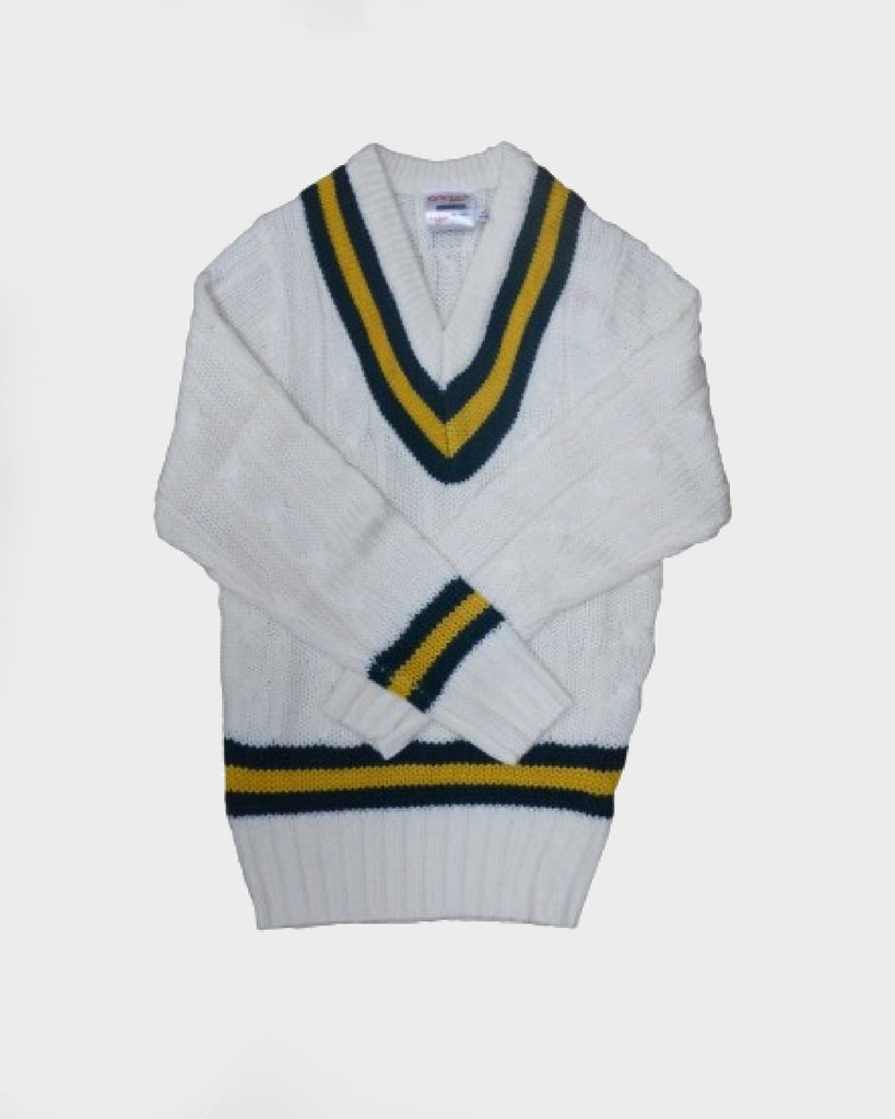 Unisex White/Green/Gold Cricket Jumper