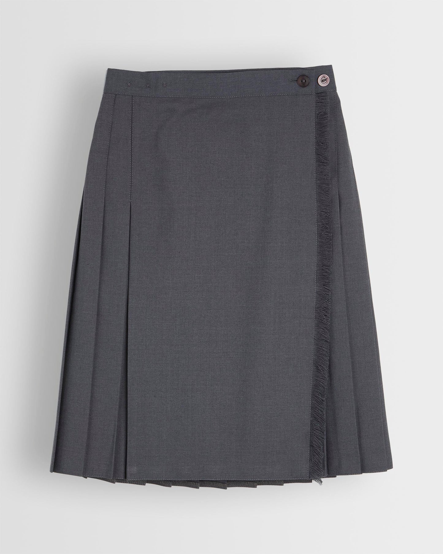 A grey school kilt for girls with a visible button and pleated design.