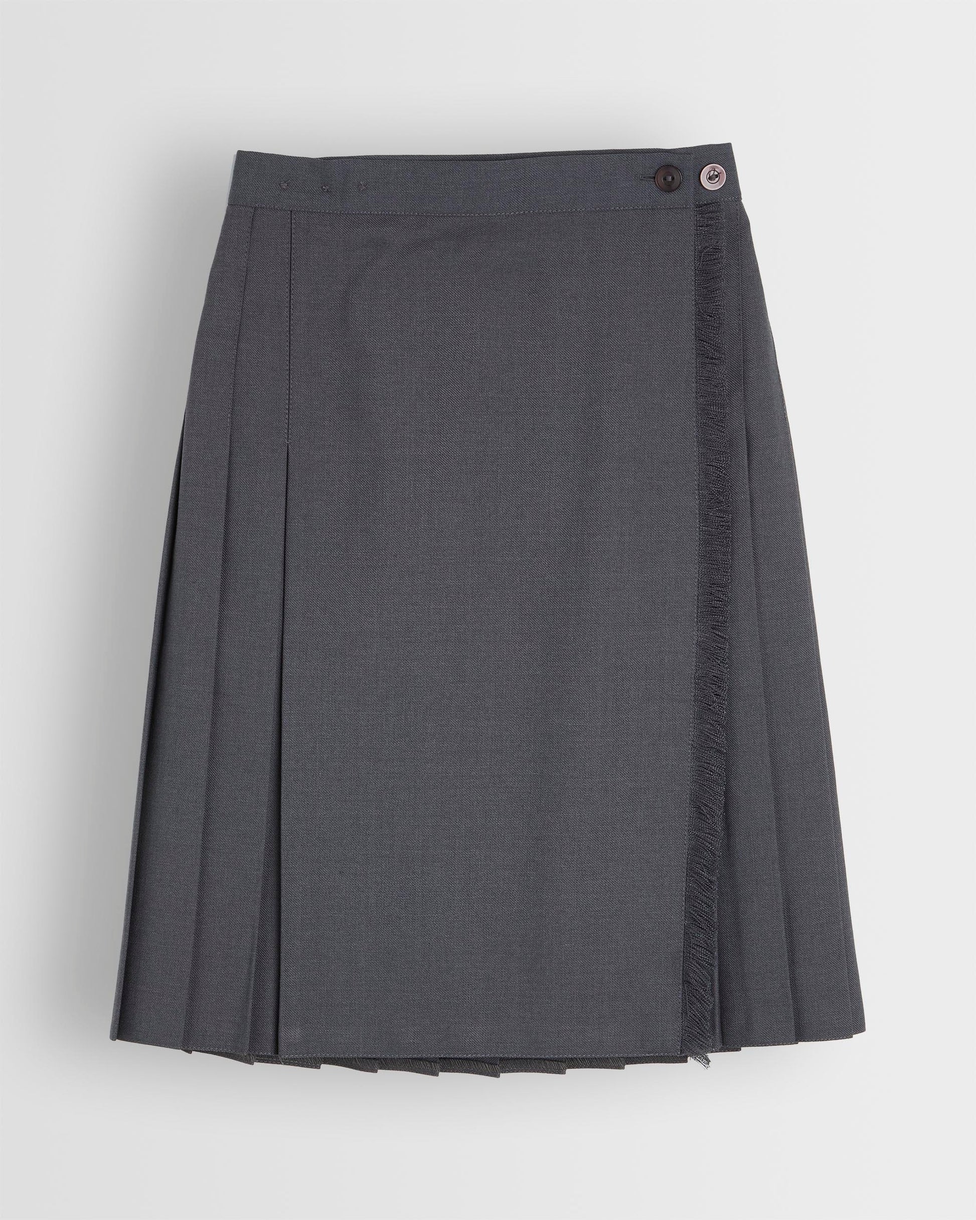 A grey school kilt for girls with a visible button and pleated design.