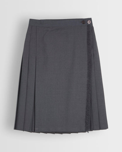 A grey school kilt for girls with a visible button and pleated design.