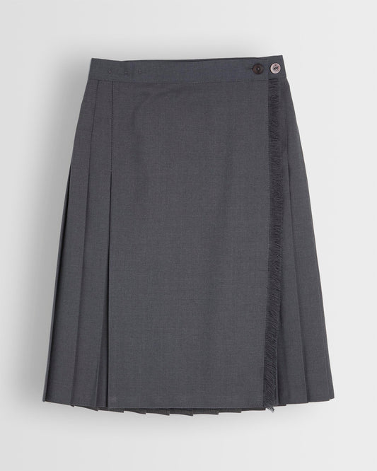A grey school kilt for girls with a visible button and pleated design.