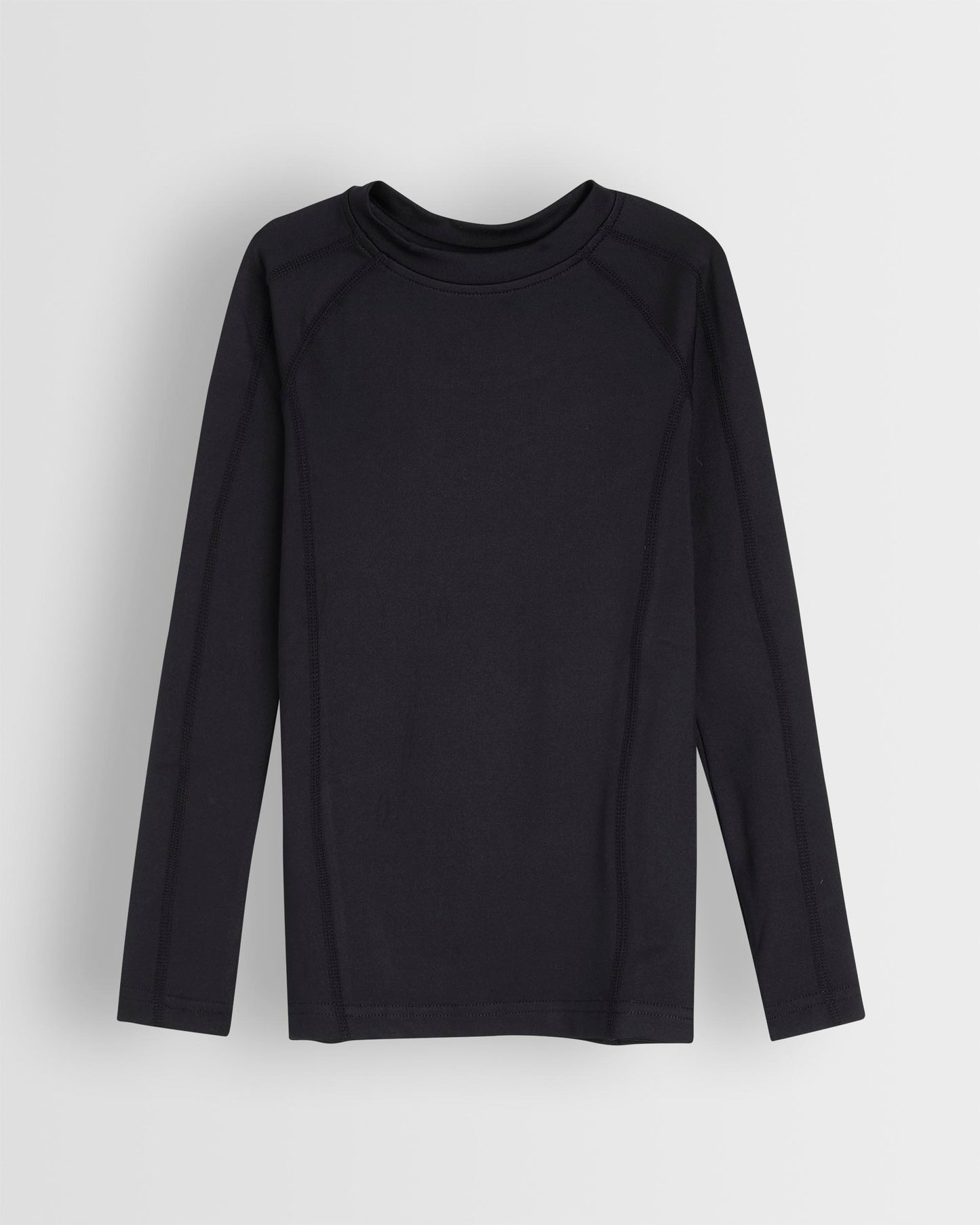 A black long-sleeved unisex baselayer top laid flat on a plain background.