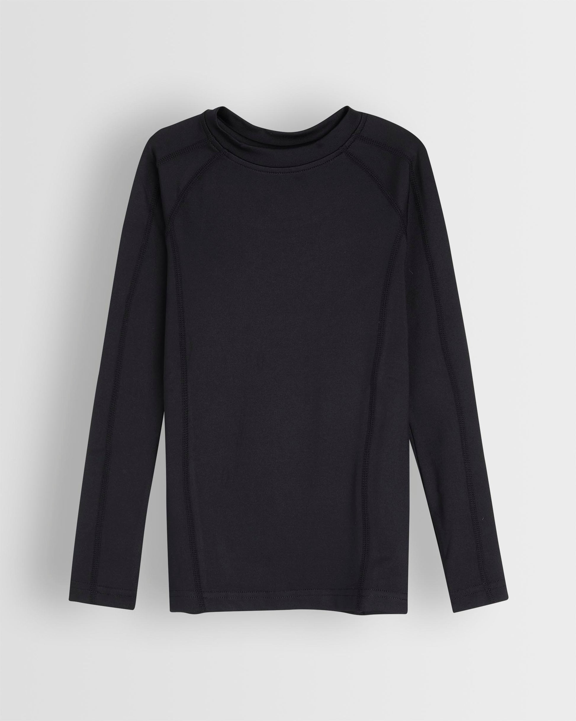 A black long-sleeved unisex baselayer top laid flat on a plain background.