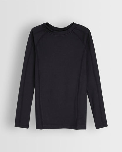 A black long-sleeved unisex baselayer top laid flat on a plain background.