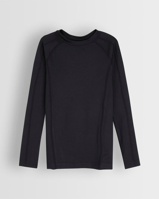 A black long-sleeved unisex baselayer top laid flat on a plain background.