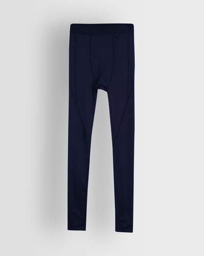 A pair of navy blue unisex base leggings for youth and adults