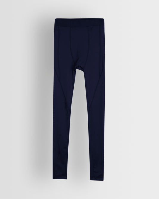 A pair of navy blue unisex base leggings for youth and adults