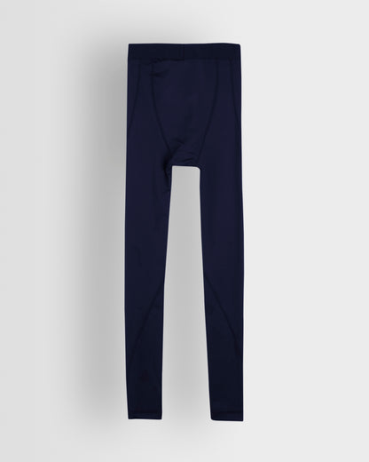Back shot of a pair of navy blue unisex base leggings for youth and adults