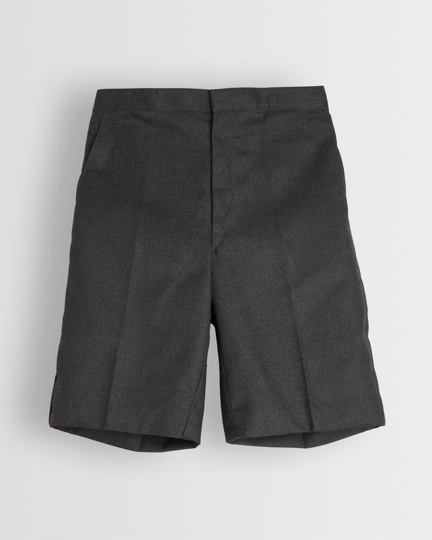 A pair of boys' grey Bermuda shorts with belt loops and a half elasticated waist.