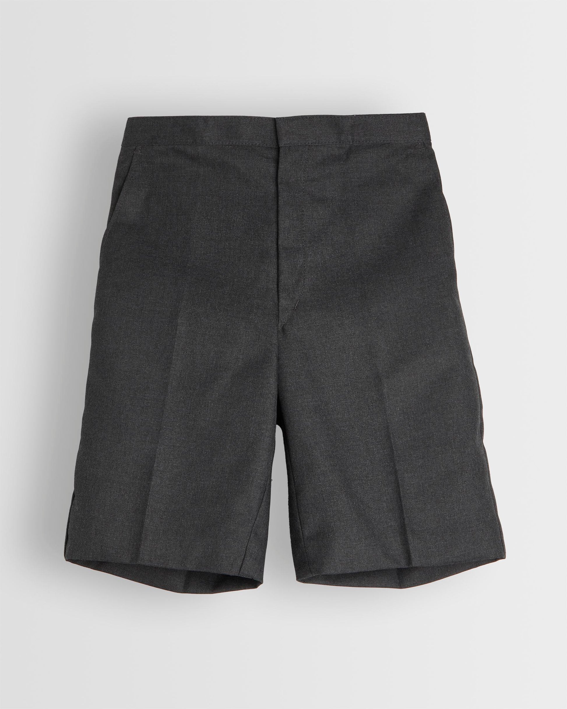 A pair of boys' grey Bermuda shorts with belt loops and a half elasticated waist.