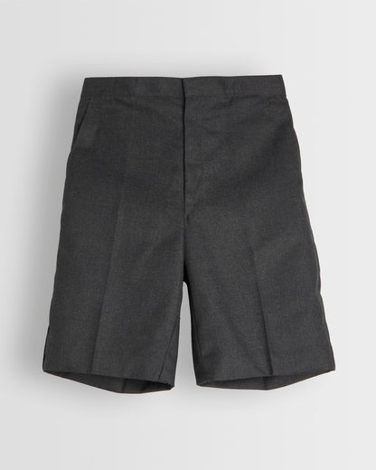 A pair of boys' grey Bermuda shorts with belt loops and a half elasticated waist.