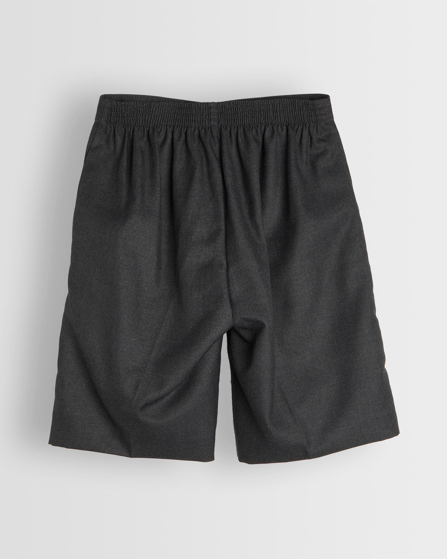 Back shot of bermuda style grey shorts