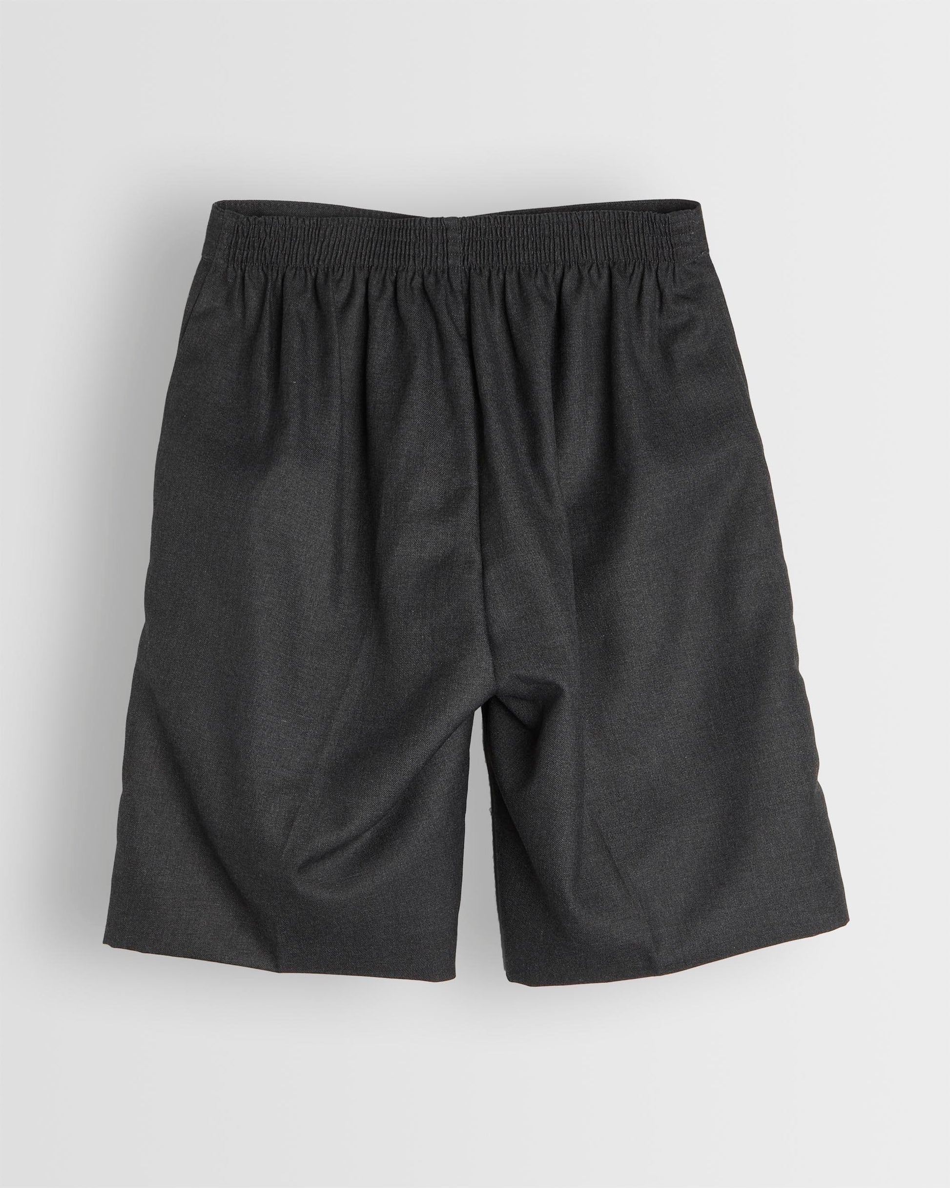 Back shot of bermuda style grey shorts