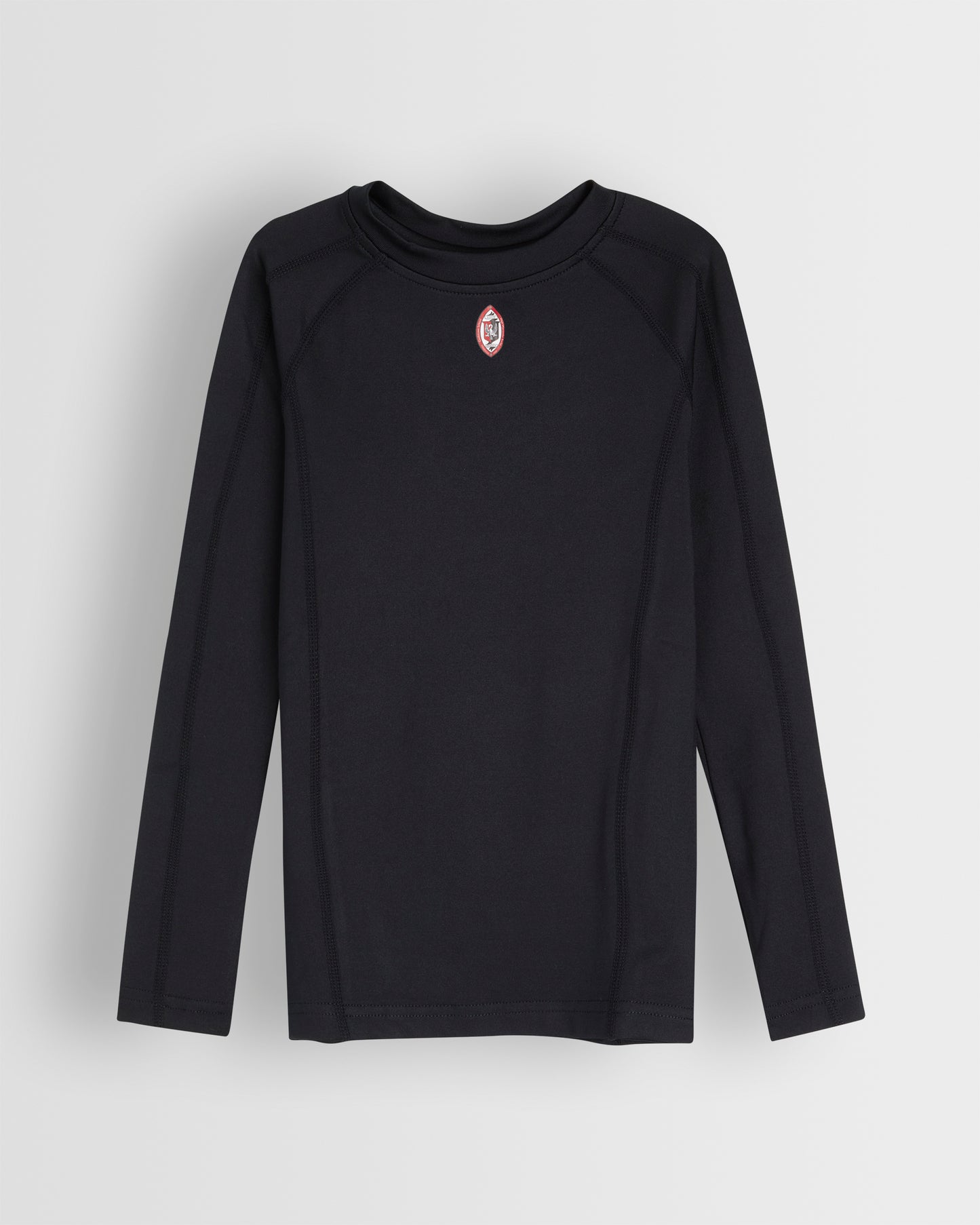 A long-sleeved black girls' baselayer top with a small logo on the chest.