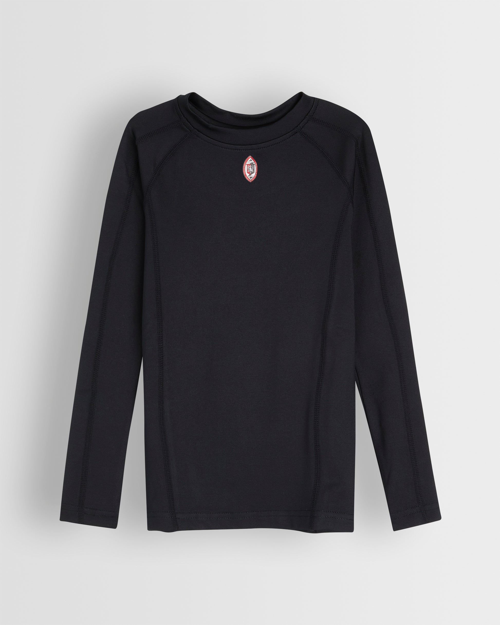 A long-sleeved black girls' baselayer top with a small logo on the chest.