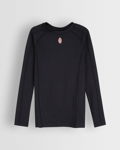 A long-sleeved black girls' baselayer top with a small logo on the chest.