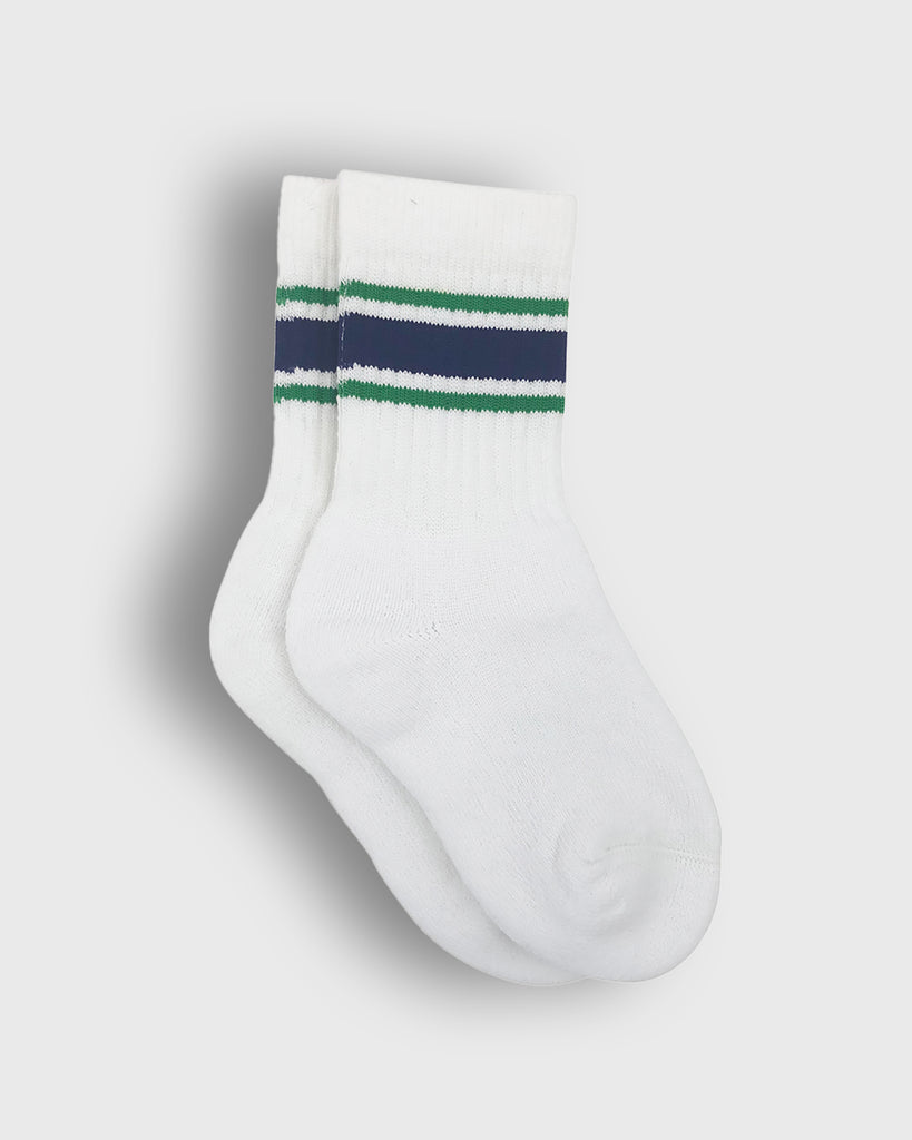 White PE Socks with Purple and Emerald Bands