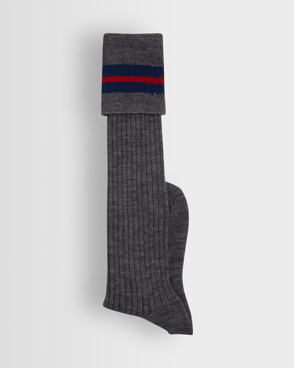 Grey Long Socks with Navy/Red Bands - Reinforced heel
