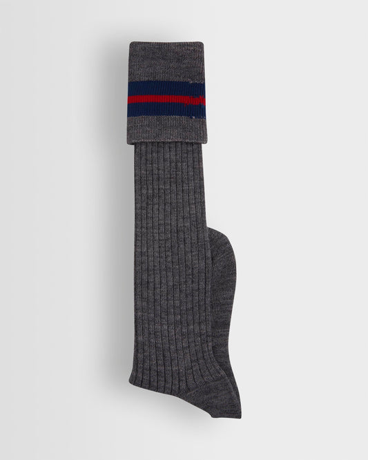 Grey Long Cotton Socks with Navy/Red Bands - Reinforced heel