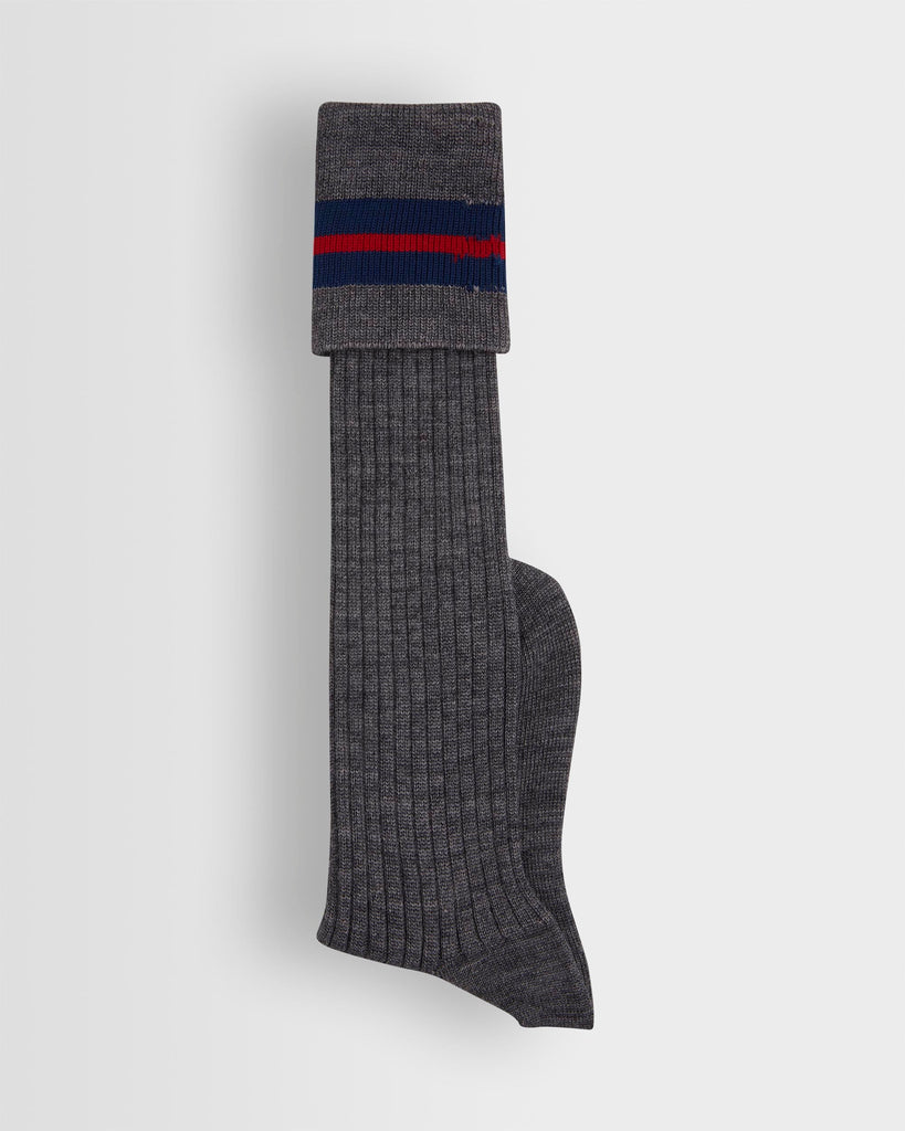 Boys Grey Long Socks with Navy/Red Bands - Reinforced heel