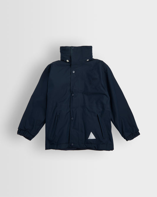 A navy-colored, long-sleeved waterproof coat with a hood, full-length zip, and studded storm flap. It includes two front zip pockets, an elasticated cuff, and a reflective triangle on the back and front left pocket.
