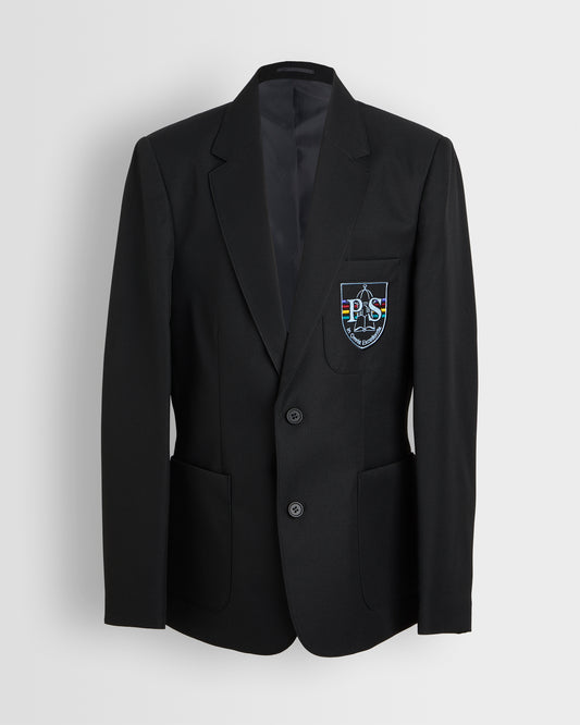 A Boys Black Blazer with a school crest on the left chest area, two buttons, and a notched lapel.