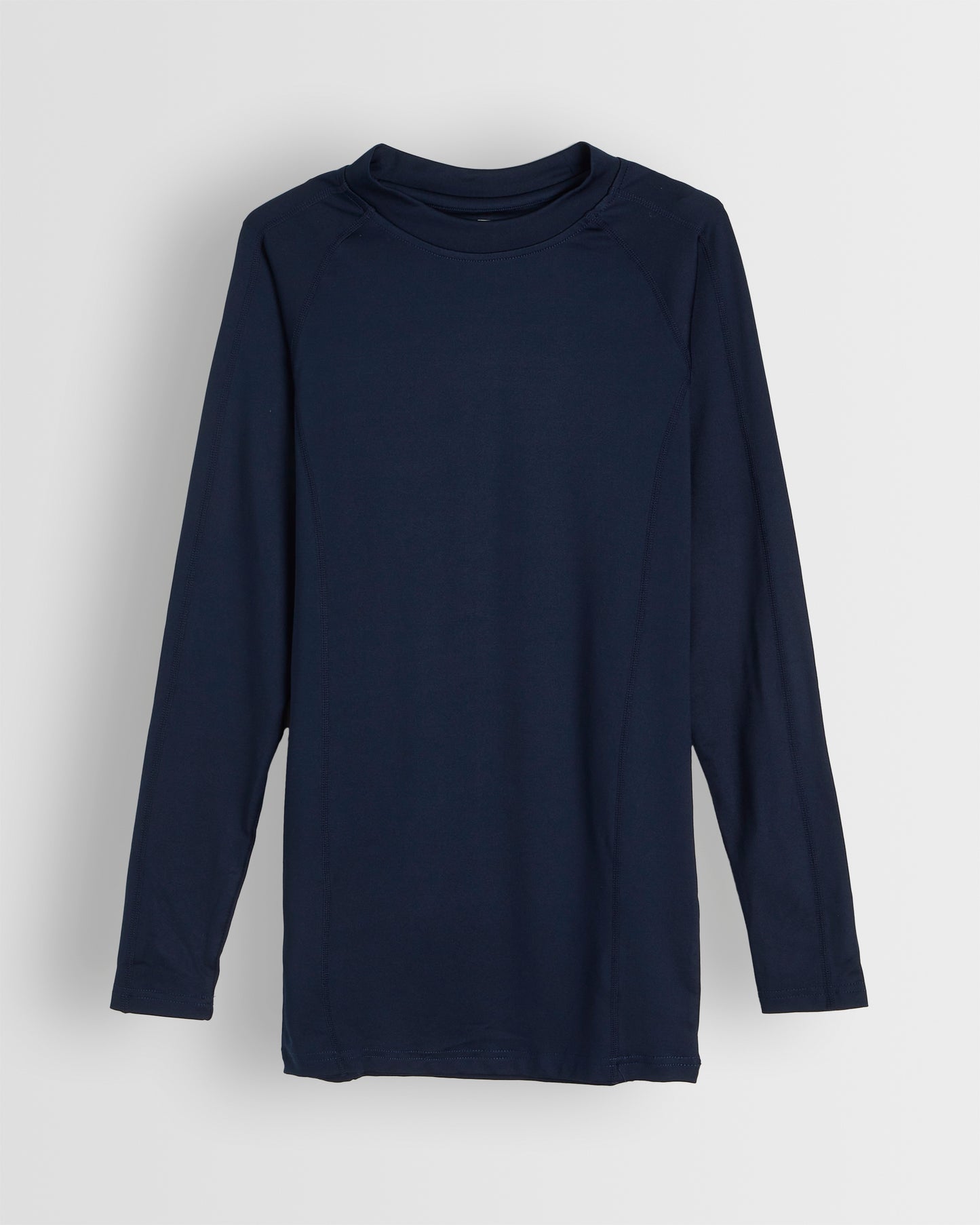 A navy long-sleeved unisex base layer top for kids and adults.