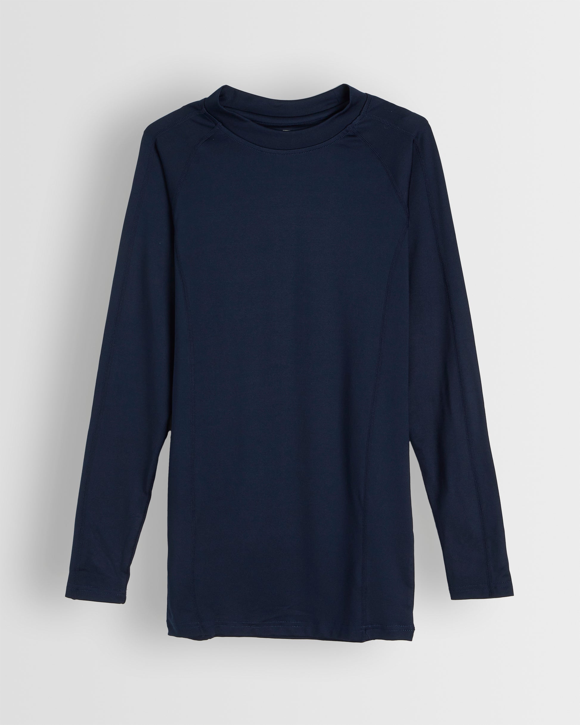 A navy long-sleeved unisex base layer top for kids and adults.