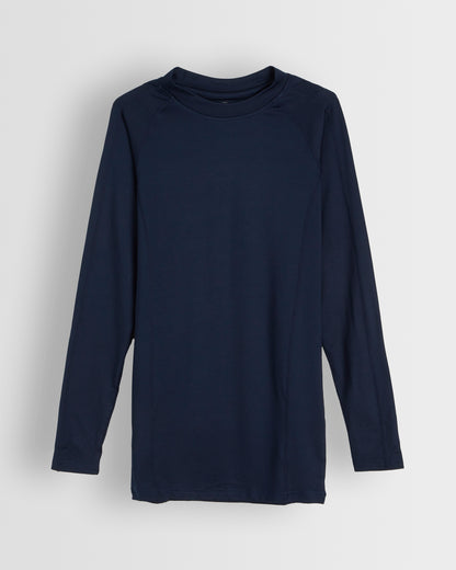 A navy long-sleeved unisex base layer top for kids and adults.