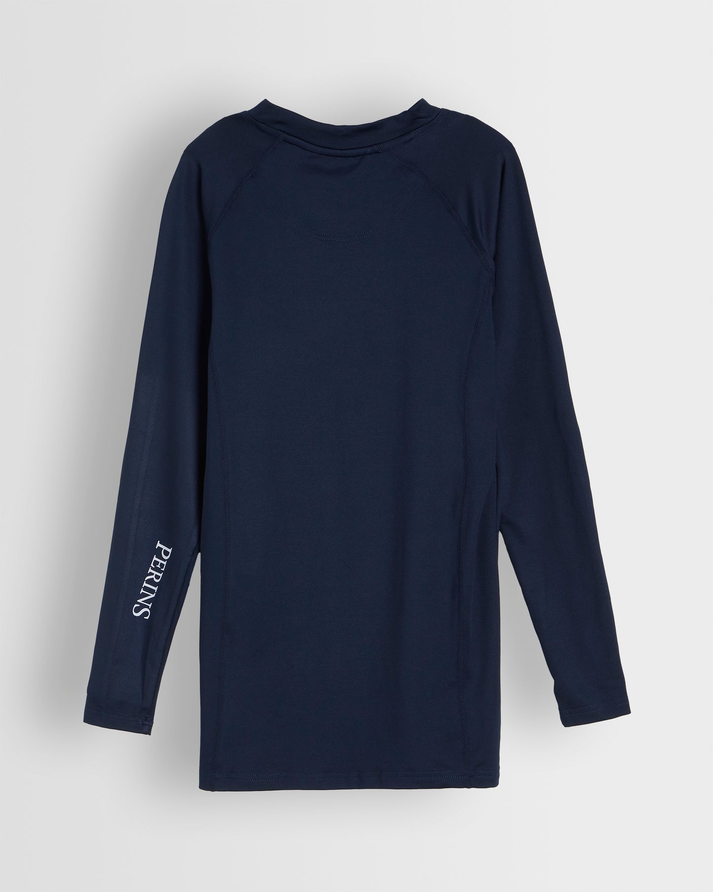 Back of navy baselayer showing  school branding on sleeve