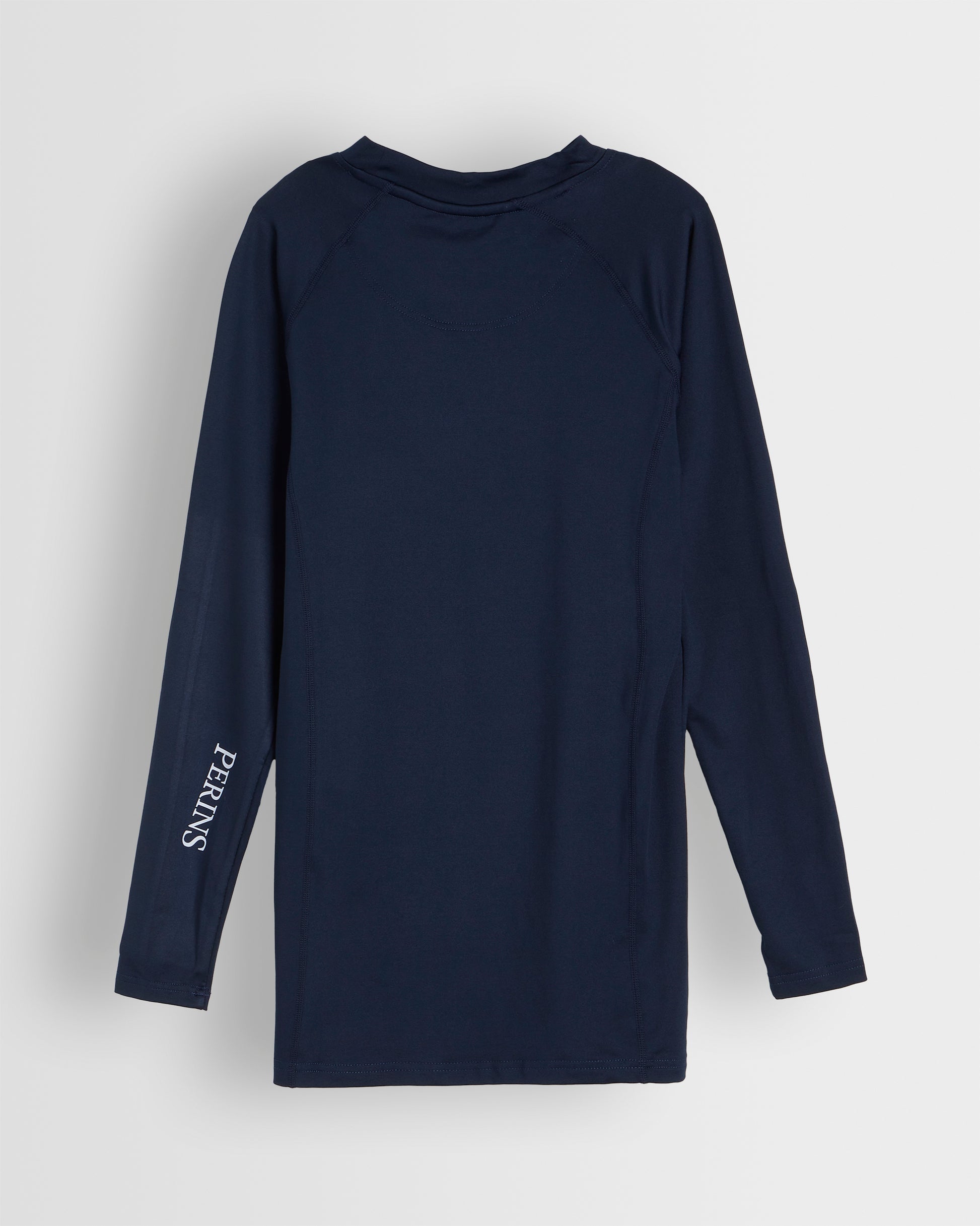 Back of navy baselayer showing  school branding on sleeve