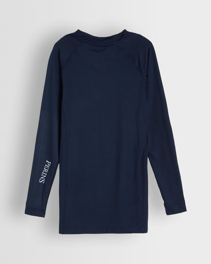 Back of navy baselayer showing  school branding on sleeve