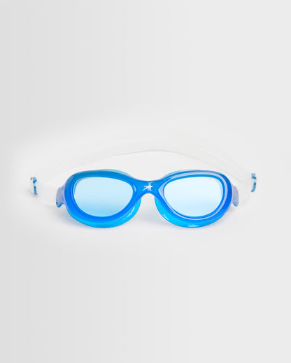 A pair of blue swimming goggles with a white strap, viewed from the front on a white background.
