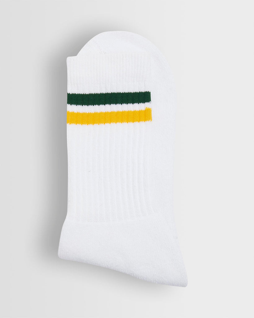 White PE Socks with Green/Gold Stripes