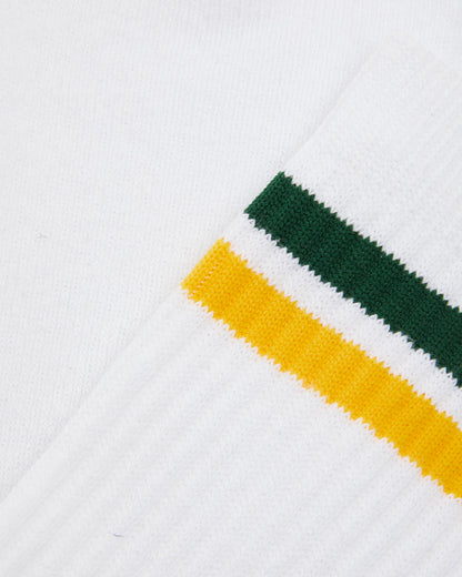 White PE Socks with Green/Gold Stripes