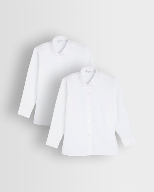 Two long sleeve white blouses with Peter Pan collars laid out flat.