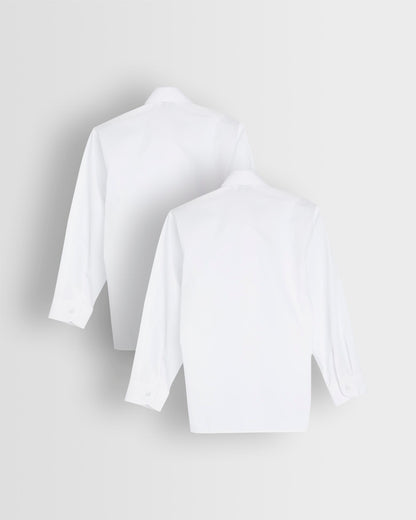 Backs of two long sleeve white blouses with Peter Pan collars laid out flat.