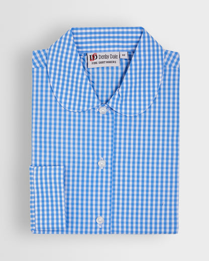 Folded shot of a long sleeved blue and white gingham blouse with a peter pan collar and button-up front.