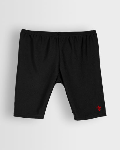 Black swim jammers with a small red logo on the lower right leg.