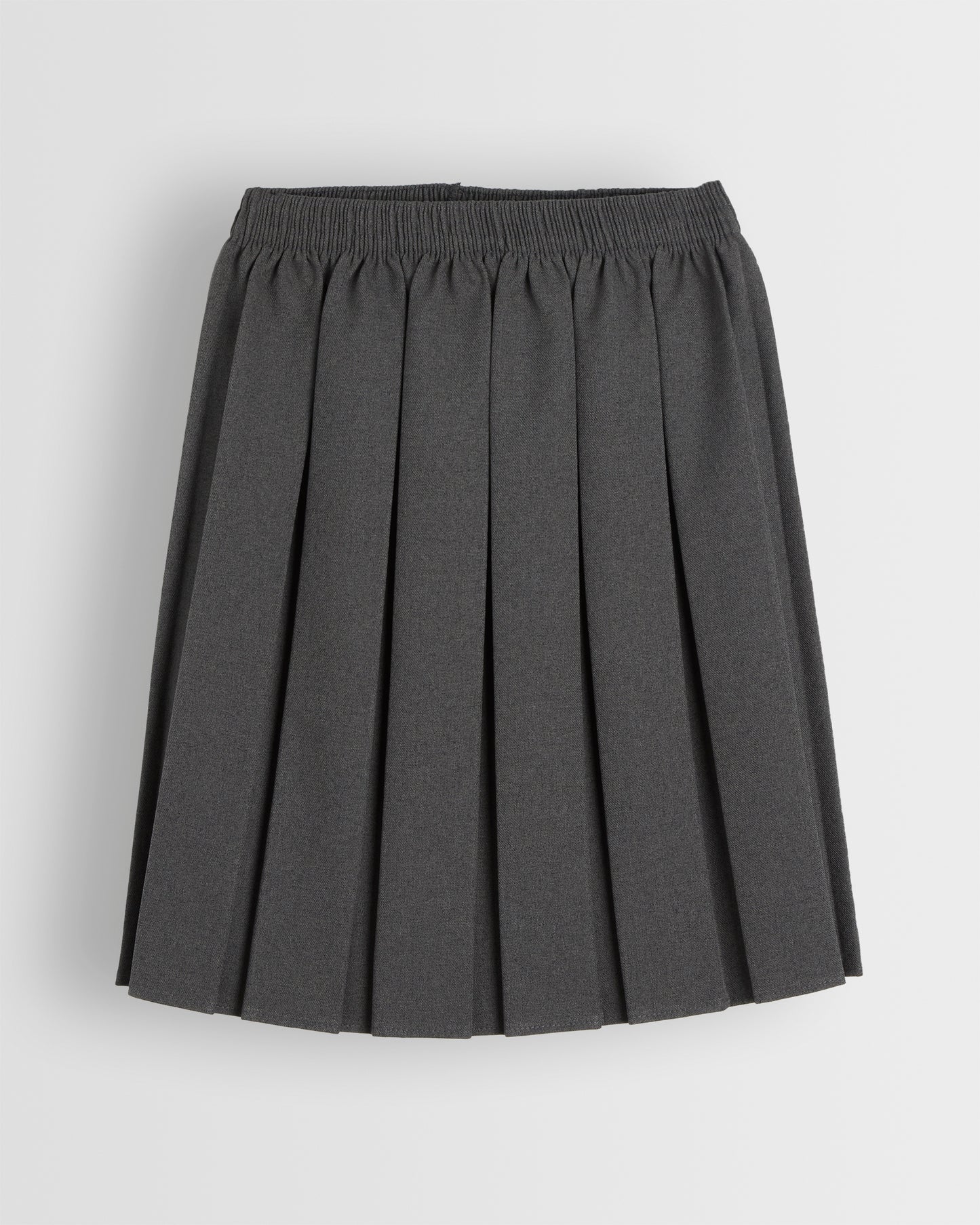 A box pleated grey skirt with an elastic waistband, displayed against a plain background.