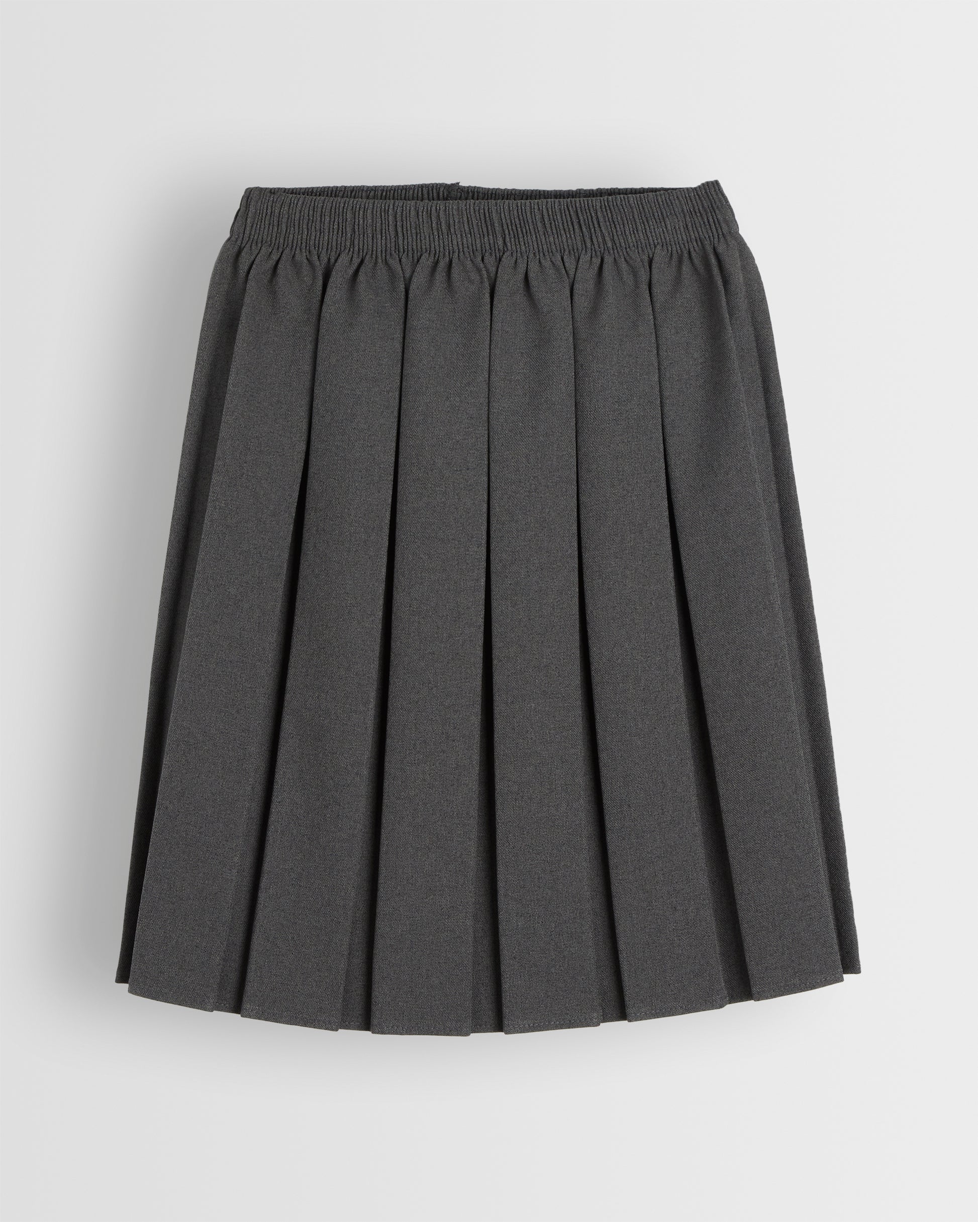 A box pleated grey skirt with an elastic waistband, displayed against a plain background.
